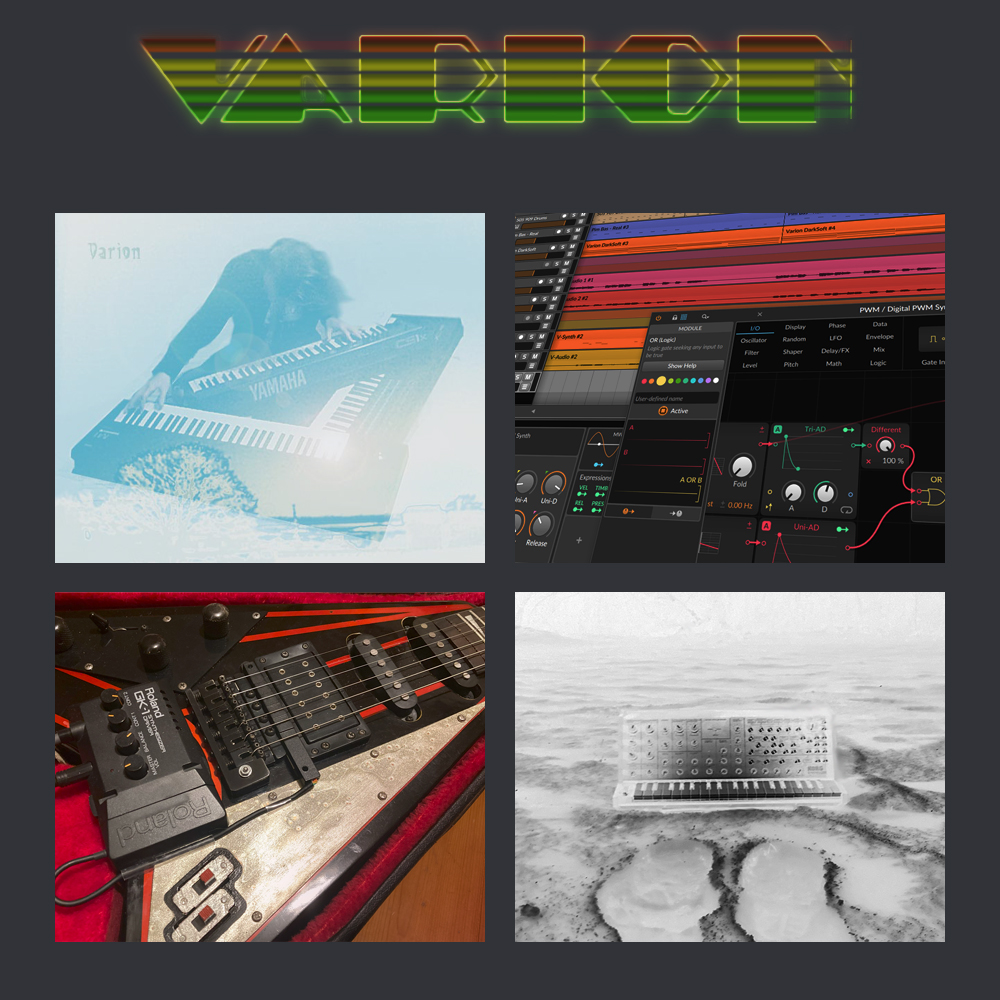 Pictures of a Varion record cover, Bitwig software, black and red electric guitar and a Korg MS20 in the snow.